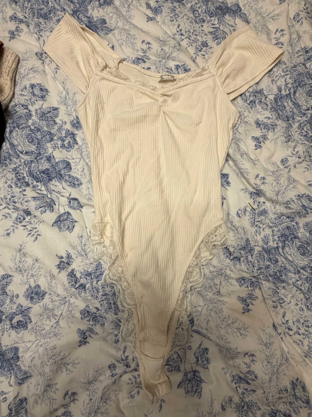 Free People Cream Ribbed Lace-Trim Slip Chemise